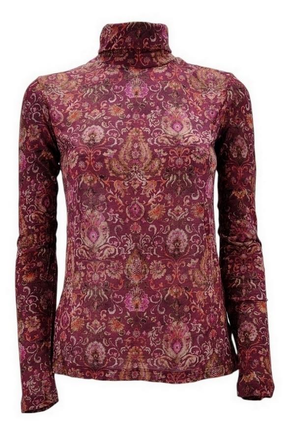 T-shirt donna modello lupetto in  jersey fantasia cachemire ciclamino e bordeau