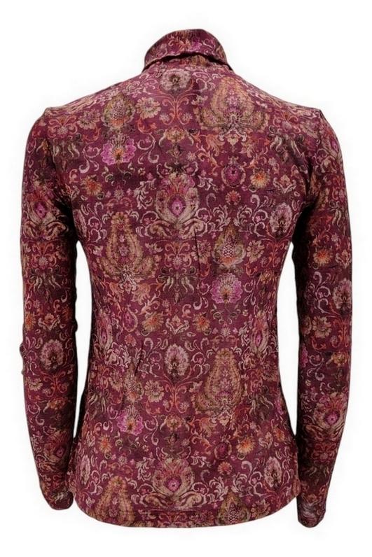 T-shirt donna modello lupetto in  jersey fantasia cachemire ciclamino e bordeau