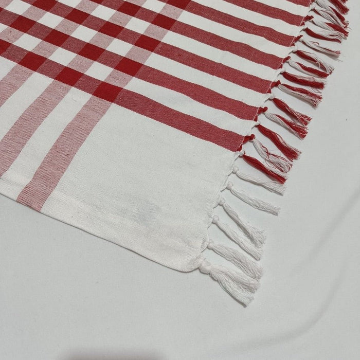 Hand knotted ends on red and white checked tablecloth - ANNIE.G