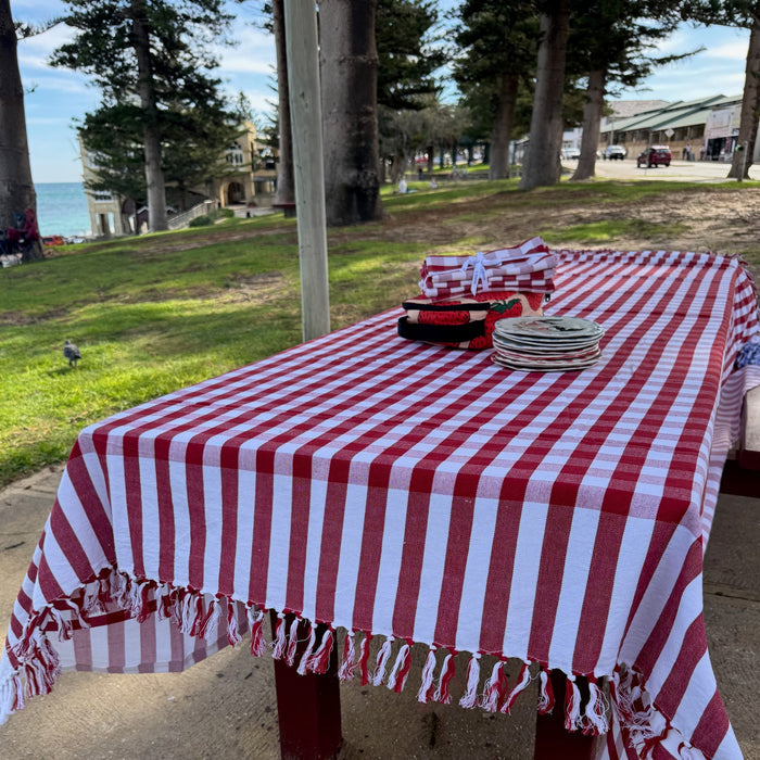 Rectangular red and white checked tablecloth on a picnic table at the beach with hand knotted ends and plates, napkins and lunch box on top.