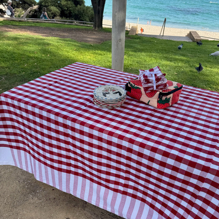 Red and white checked rectangular tablecloth on a picnic table at the beach with plate, lunch box and napkins.