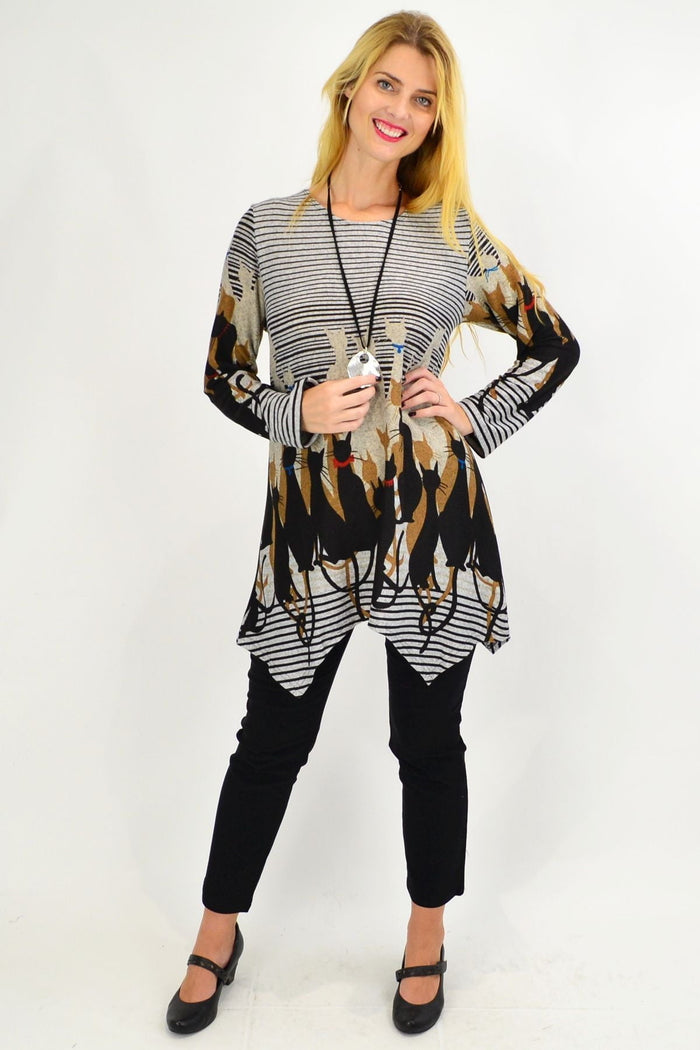 Taupe brown winter cat-themed tunic top from Whispers, featuring a cozy design with cat illustrations for women.