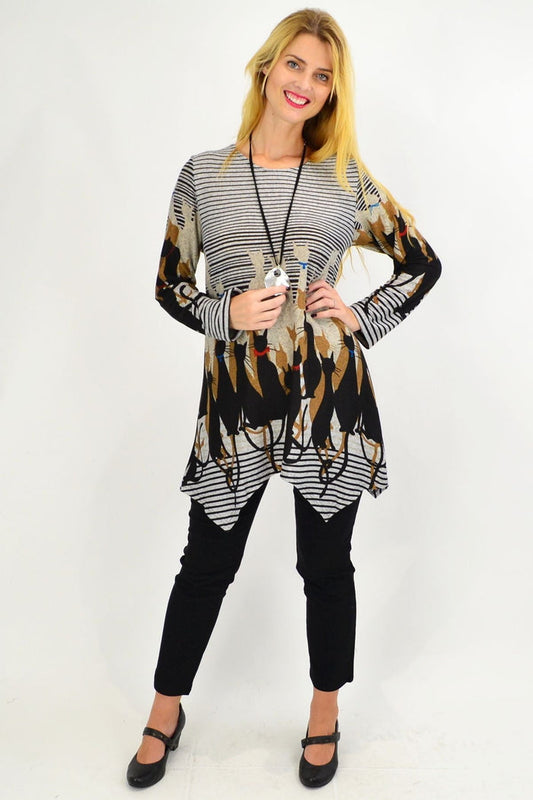 Taupe brown winter cat-themed tunic top from Whispers, featuring a cozy design with cat illustrations for women.