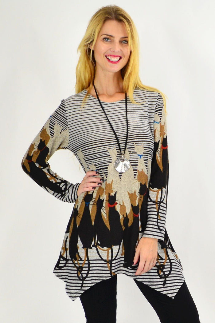 Taupe brown winter kitty cat tunic top by Whispers, featuring a cozy design with kitty cat details and long sleeves.