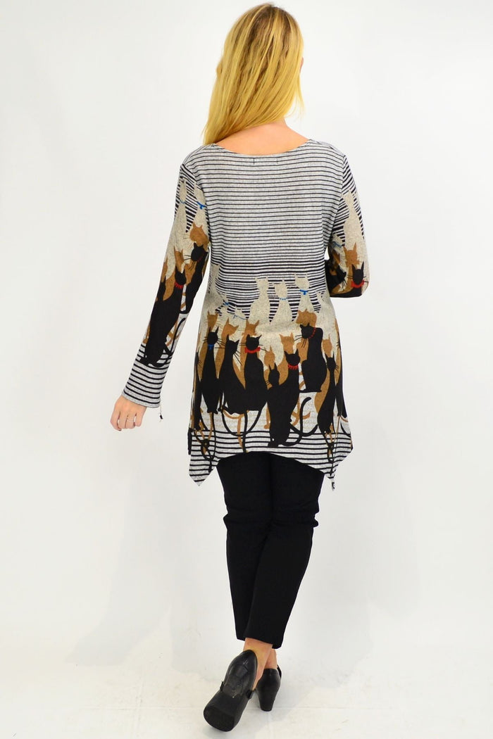 Taupe brown winter kitty cat tunic top by Whispers, featuring a cozy design with cute feline motifs and long sleeves.