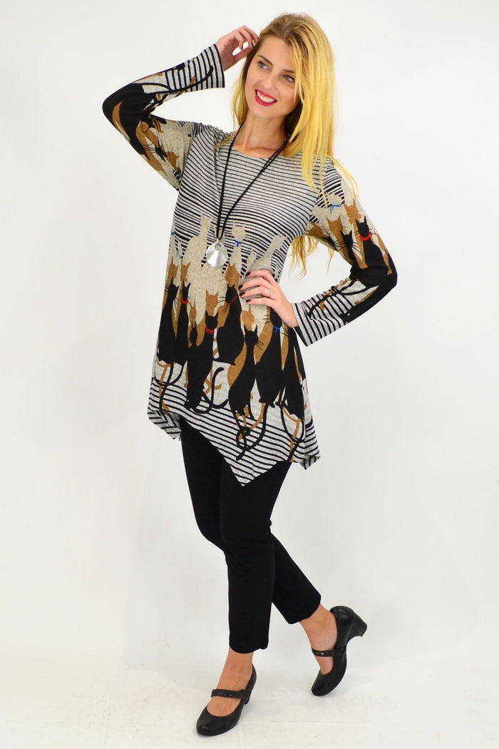 Taupe brown winter kitty cat tunic top by Whispers, featuring a cozy design and feline pattern, perfect for cold weather wear.