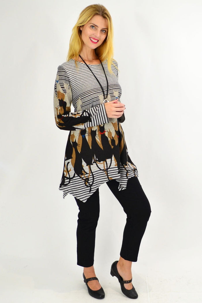 Taupe brown winter kitty cat tunic top by Whispers, featuring a cozy, long-sleeve design with a cute cat print for women.