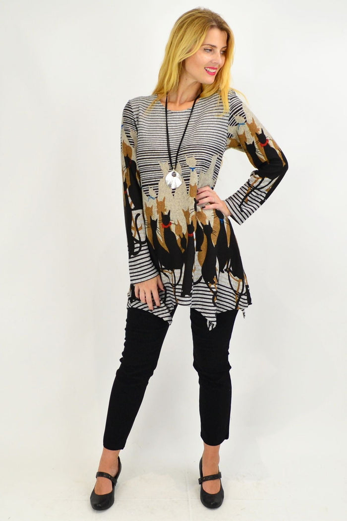 Taupe brown winter kitty cat tunic top by Whispers, featuring a cozy knit fabric and a playful cat design, suitable for casual wear.