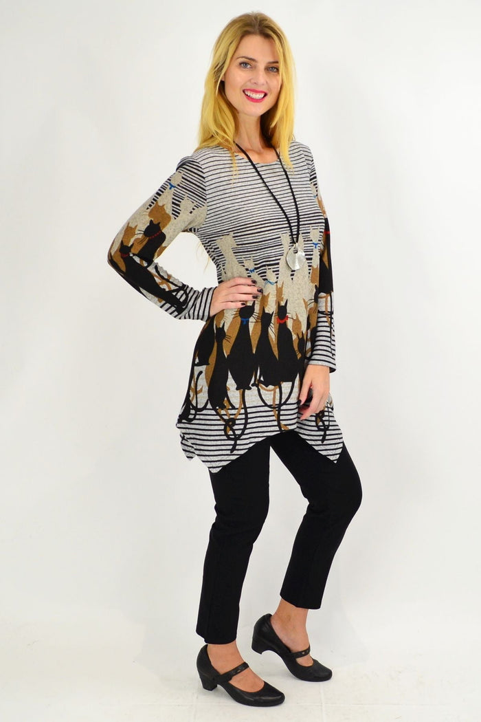 Taupe brown winter kitty cat tunic top by Whispers, featuring a cozy design and feline pattern on soft fabric.