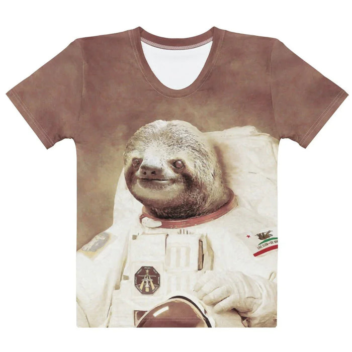This surreal, painterly portrait depicts a serene sloth encased in a bulky, retro-style astronaut suit (rendered in aged parchment cream) against a textured vintage sepia background. Contact us with accessibility feedback, we'd love to help!