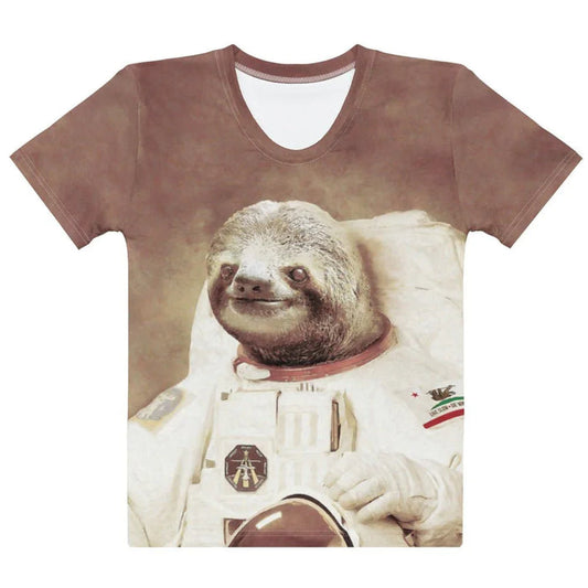 This surreal, painterly portrait depicts a serene sloth encased in a bulky, retro-style astronaut suit (rendered in aged parchment cream) against a textured vintage sepia background. Contact us with accessibility feedback, we'd love to help!