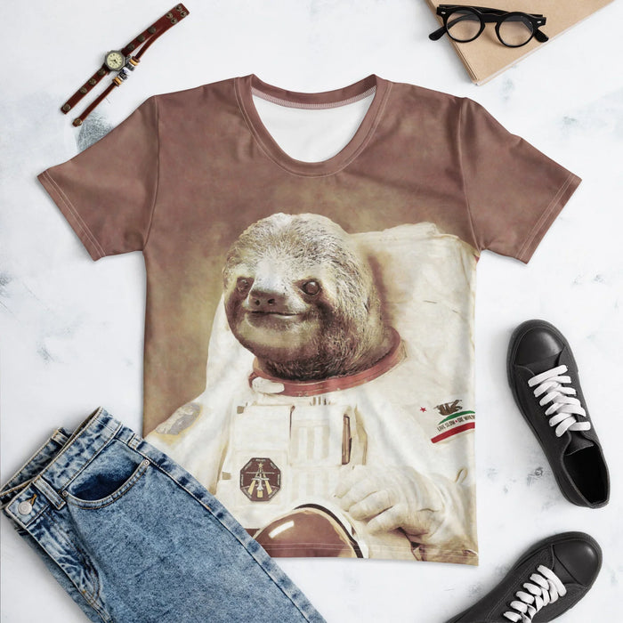 The Astrosloth Women's Tee - The stoic, painterly rendering of the sloth's face framed by the **aged parchment cream (#F2ECD9)** pressure suit, specifically contrasting the serious "historical portrait" texture in **vintage sepia (#8C6A58)** with the absurd subject matter.