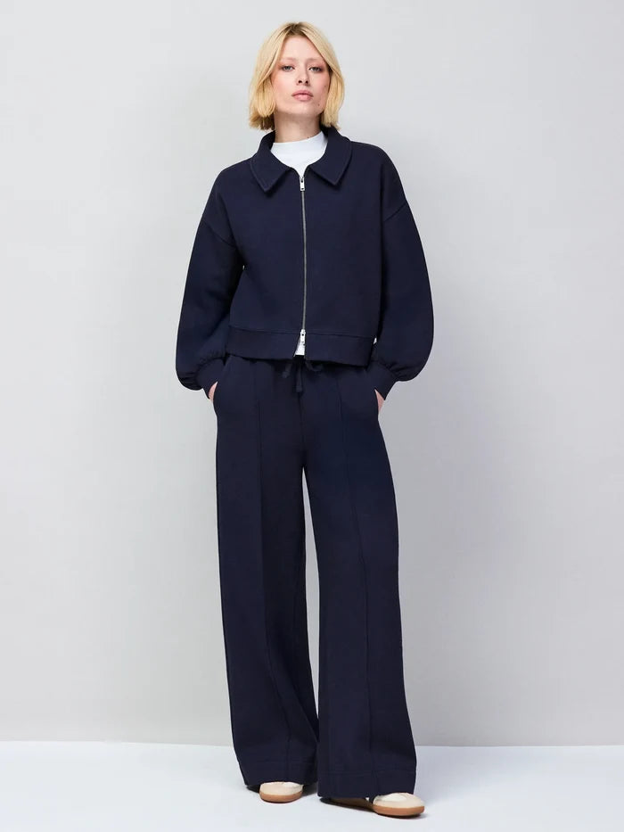Navy zip-front bomber jacket with casual silhouette
