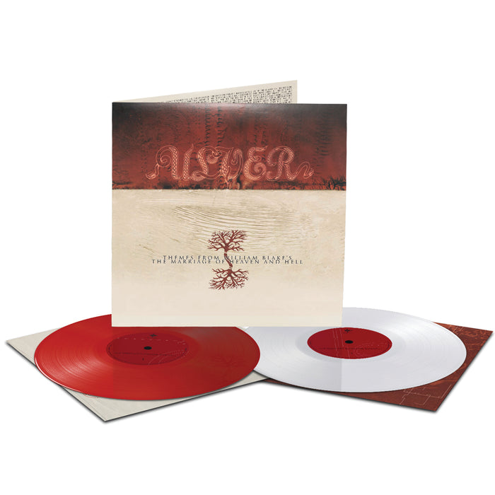 A colored vinyl set from Ulver featuring one red and one white disc, abstract album art, and an open gatefold sleeve highlighting Themes from William Blakes The Marriage of Heaven and Hell.
