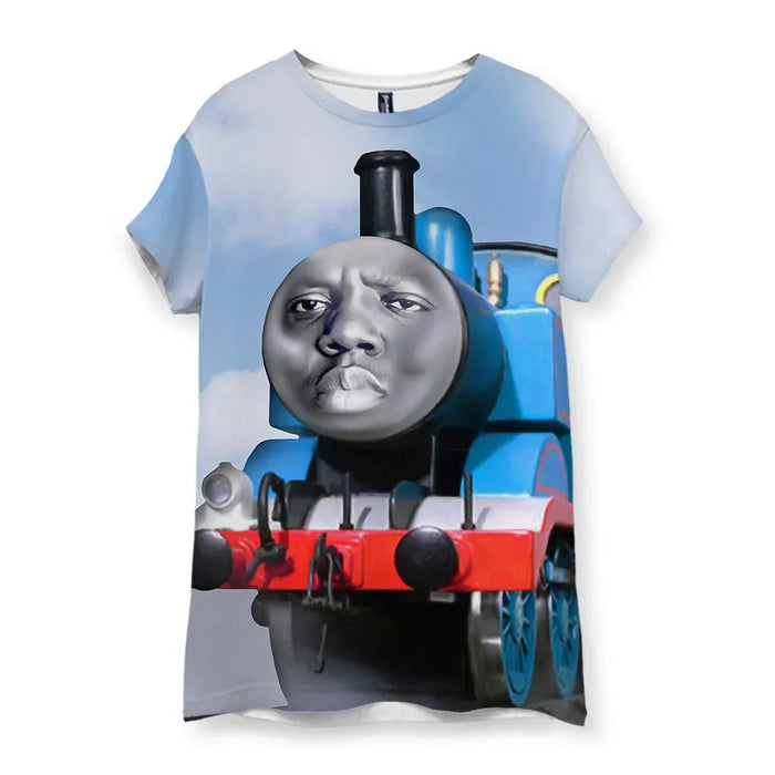 Set against photorealistic pale cerulean cloudy skies, a vibrant engine cyan steam locomotive body anchors this surreal meme mashup. Contact us with accessibility feedback, we'd love to help!