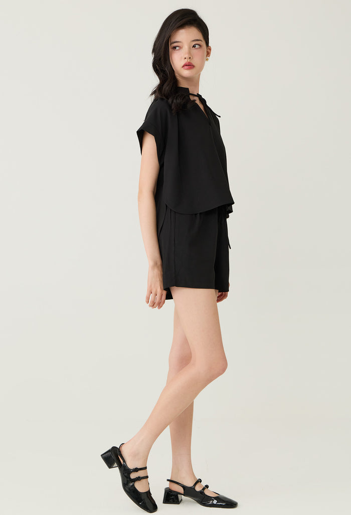Tie-Front Cap Sleeve Blouse