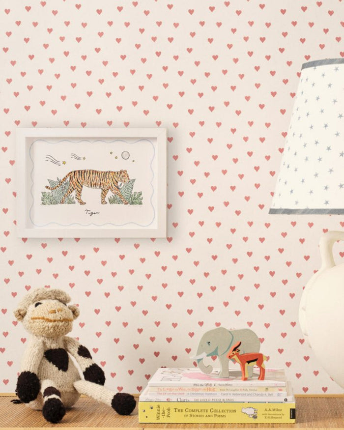 Watercolour Tiger Print in a white frame on a nursery wall with toys and lamp around - ANNIE.G