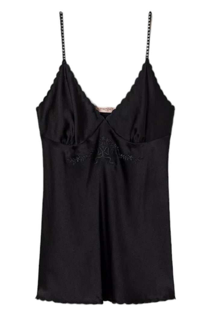 Top donna in raso nero con ricamo
