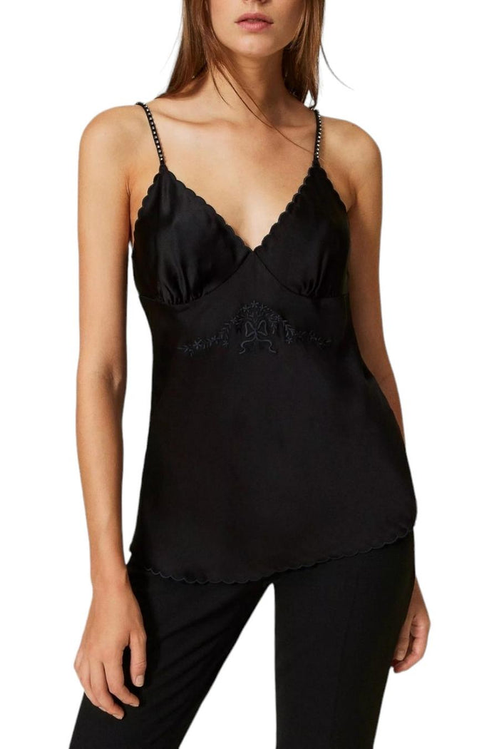Top donna in raso nero con ricamo