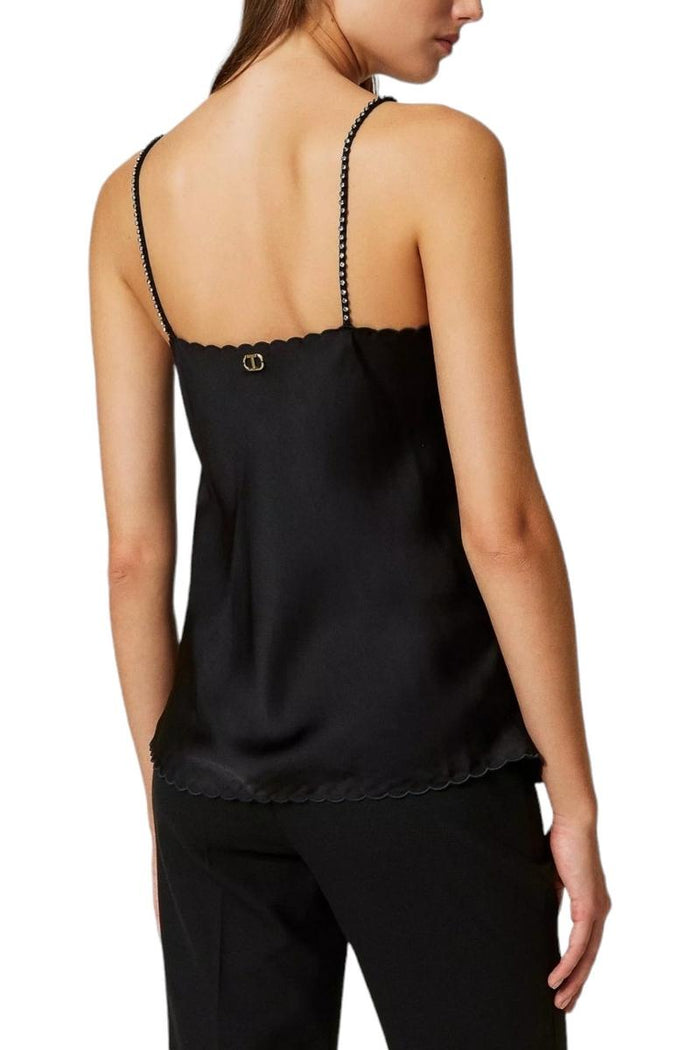 Top donna in raso nero con ricamo