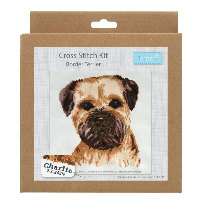 Trimits Counted Cross Stitch Kit Large: Border Terrier, 36x36cm, Includes Aida Fabric, Pre-Sorted Threads, Needle, Personalizing Alphab...