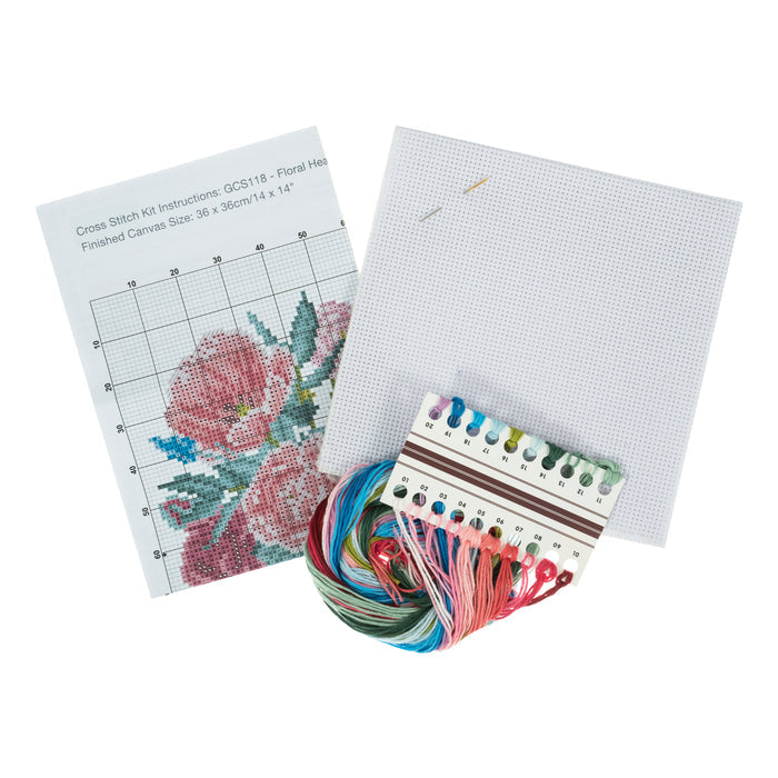 Trimits Counted Cross Stitch Kit Large: Floral Heart, 36x36cm, Includes Aida Fabric, Pre-Sorted Threads, Needle, Personalizing Alphabet...