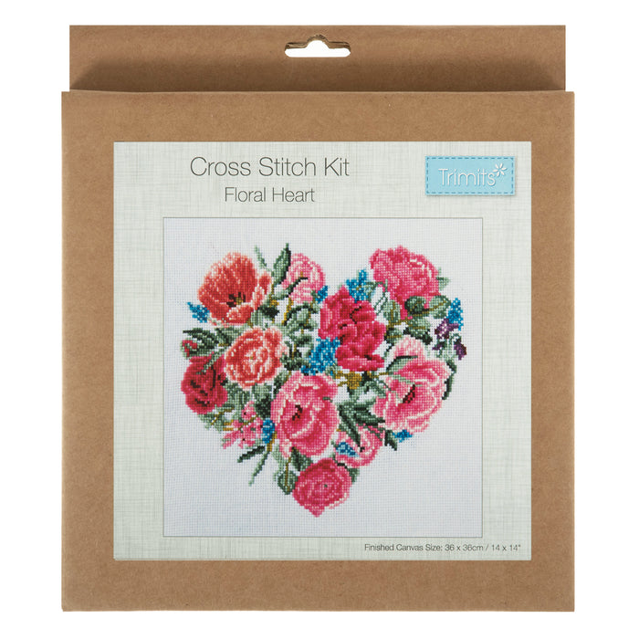 Trimits Counted Cross Stitch Kit Large: Floral Heart, 36x36cm, Includes Aida Fabric, Pre-Sorted Threads, Needle, Personalizing Alphabet...