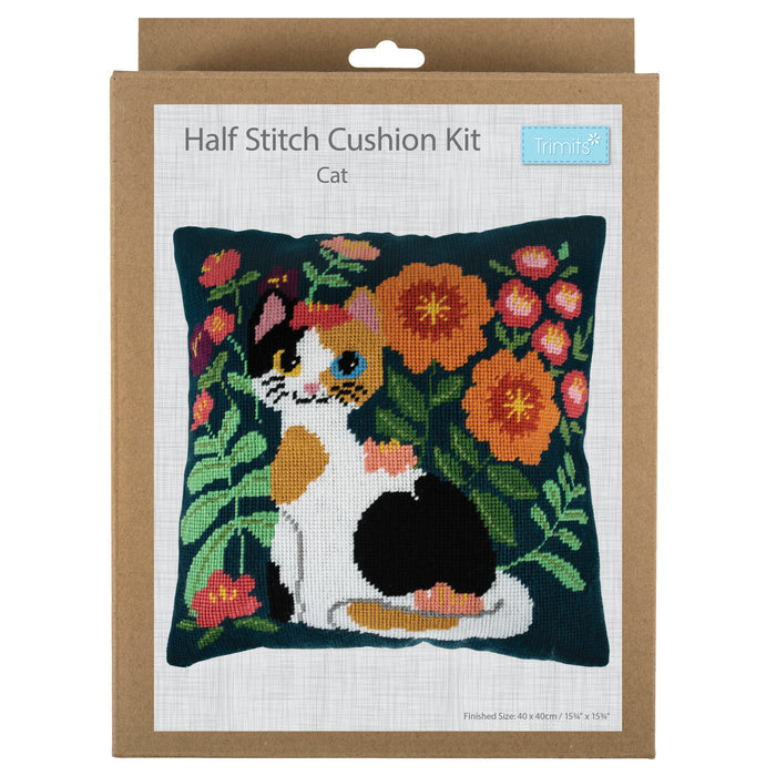 Trimits Half Stitch Tapestry Kit Cushion: Cat, 40x40cm, Includes Pre-Printed Canvas, Acrylic Yarns, Needle, Cushion Back, Instructions...