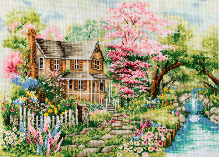 Trimits Printed Cross Stitch Kit Large: Summer View, 11-Count Aida Fabric, Includes Pre-Sorted Threads, Needle, Instructions in EN, FR,...
