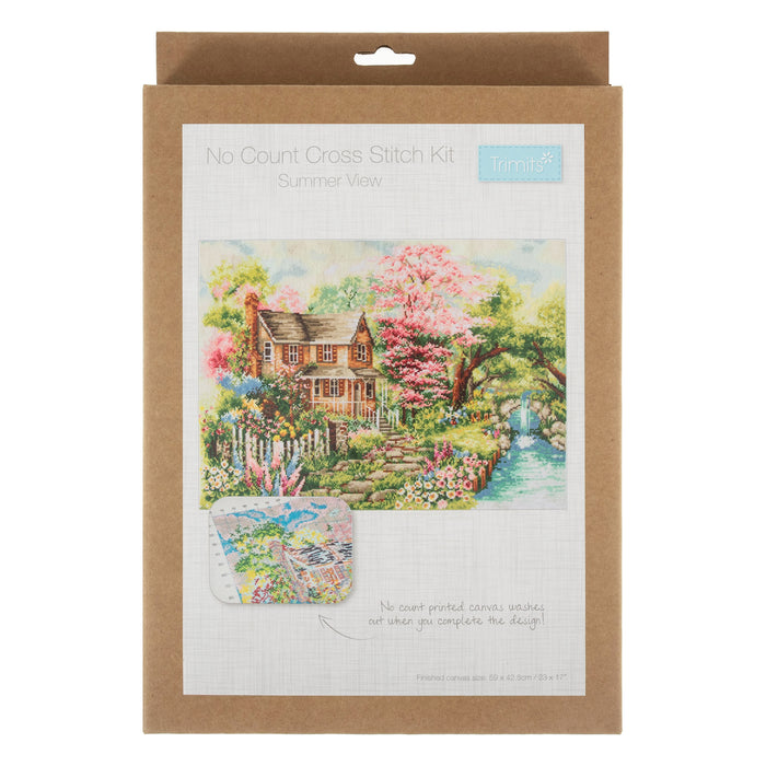 Trimits Printed Cross Stitch Kit Large: Summer View, 11-Count Aida Fabric, Includes Pre-Sorted Threads, Needle, Instructions in EN, FR,...