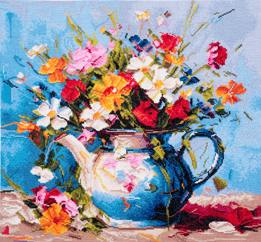 Trimits Printed Cross Stitch Kit Large: Wildflowers, 11-Count Aida Fabric, Includes Pre-Sorted Threads, Needle, Instructions in EN, FR,...