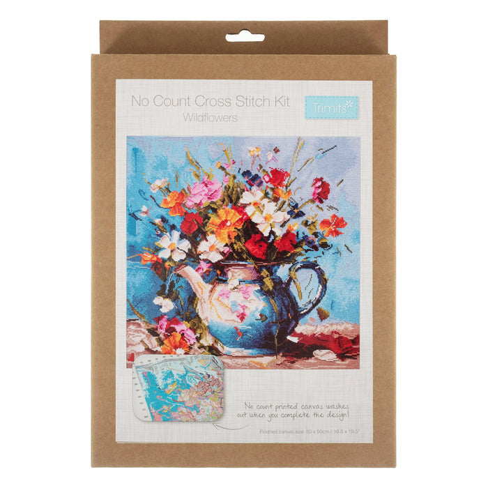 Trimits Printed Cross Stitch Kit Large: Wildflowers, 11-Count Aida Fabric, Includes Pre-Sorted Threads, Needle, Instructions in EN, FR,...