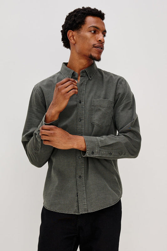 Tristan Long-Sleeve Button Down with a Chest Patch Pocket in Shadow Pass Colorway, a washed black/grey  - Front View Featured on Model