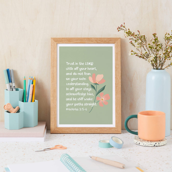 Unframed Stationery Print - Trust In The Lord With All Your Heart - Proverbs 3 - Contemporary Hand-Lettering and Floral Illustration