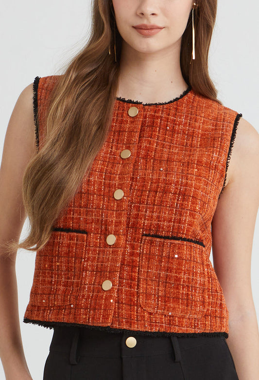 Tweed Charm Buttoned Sleeveless Top