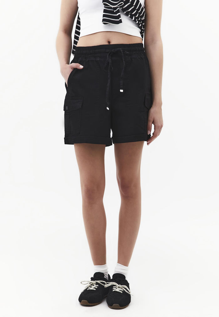 Ultra High Waist Elastic Waistband Tie Shorts - BLACK
