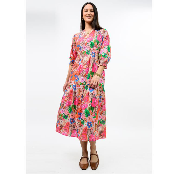 Uncle Frank DRESS FLORAL SMOCKED TIERED MAXI PINK