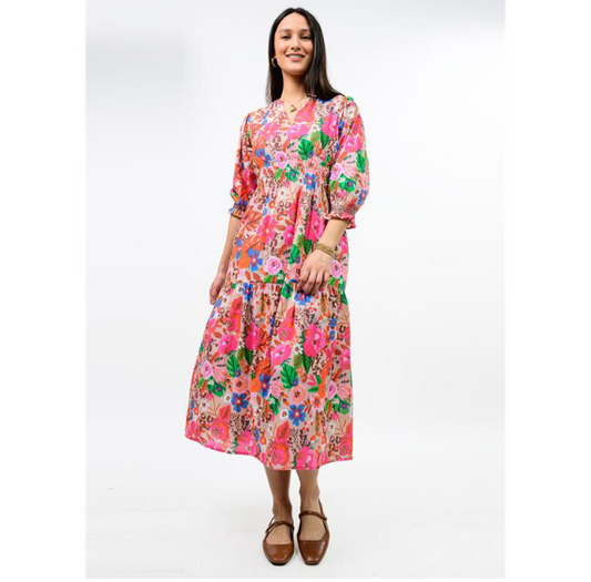 Uncle Frank DRESS FLORAL SMOCKED TIERED MAXI PINK