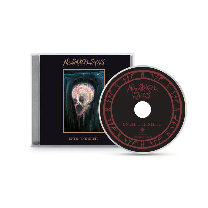 A CD case and disc for "Until the Night" by New Skeletal Faces, featuring dark art of a ghostly face with hollow eyes. The band name and album title appear in red gothic text, reflecting the US Death Rock style. Brand Name: New Skeletal Faces.