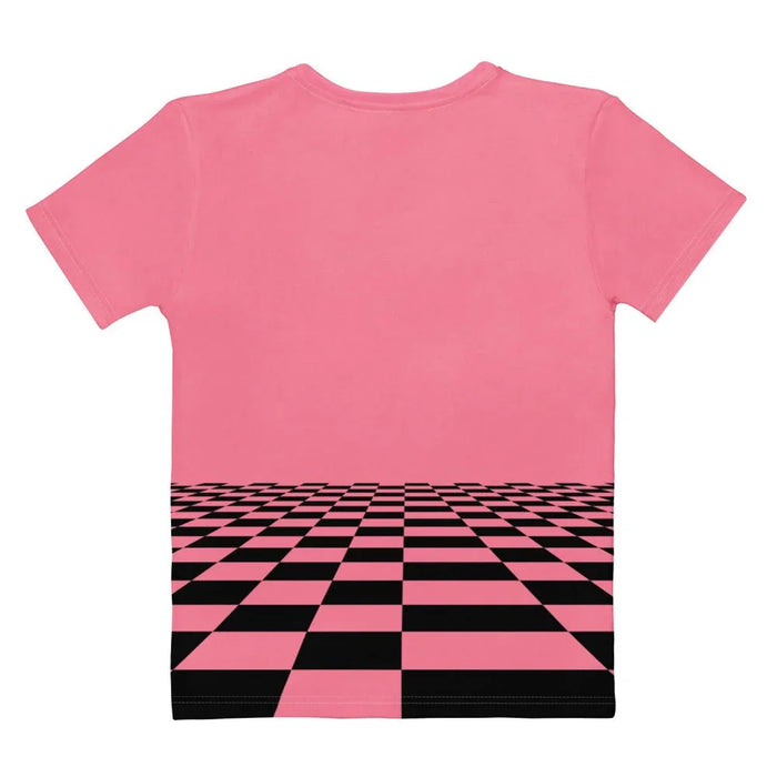 Vaporwave Women's Tee - The juxtaposition of the stone gray and alabaster (#E0E0E0) classical marble bust against the receding black (#000000) perspective grid, '95-style OS window, and cobalt (#3B56A6) pixelated mountains on a bubblegum rose (#FF85A2) backdrop.