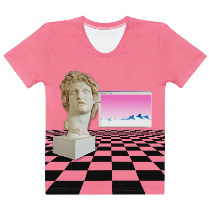 Vaporwave Women's Tee in Cybernetic Rose Quartz. OEKO-TEX® 100, REACH Compliant, Zero-Wastewater Printing.