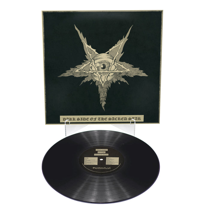 A limited edition black vinyl from Peaceville is shown with its dark album cover, which features a stylized skull, wings, and star. The title "Dark Side of the Sacred Star" is printed below the distinctive black metal artwork.