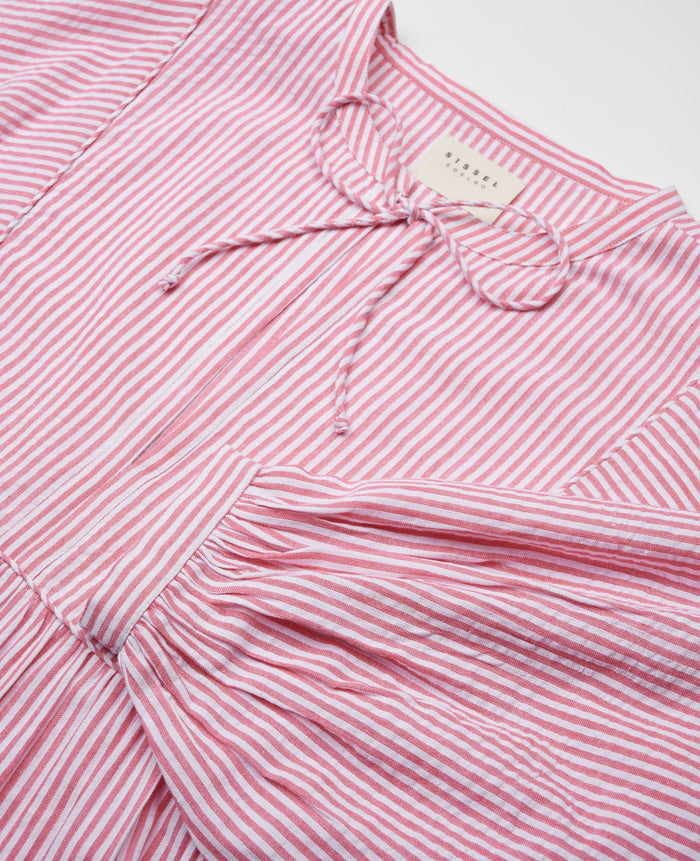 Close up of neckline and ties and long sleeve of red and white stripe dress - ANNIE.G