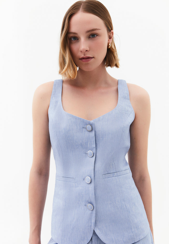 Vest With Button Detail And Sweetheart Neckline - CHAMBRAY BLUE