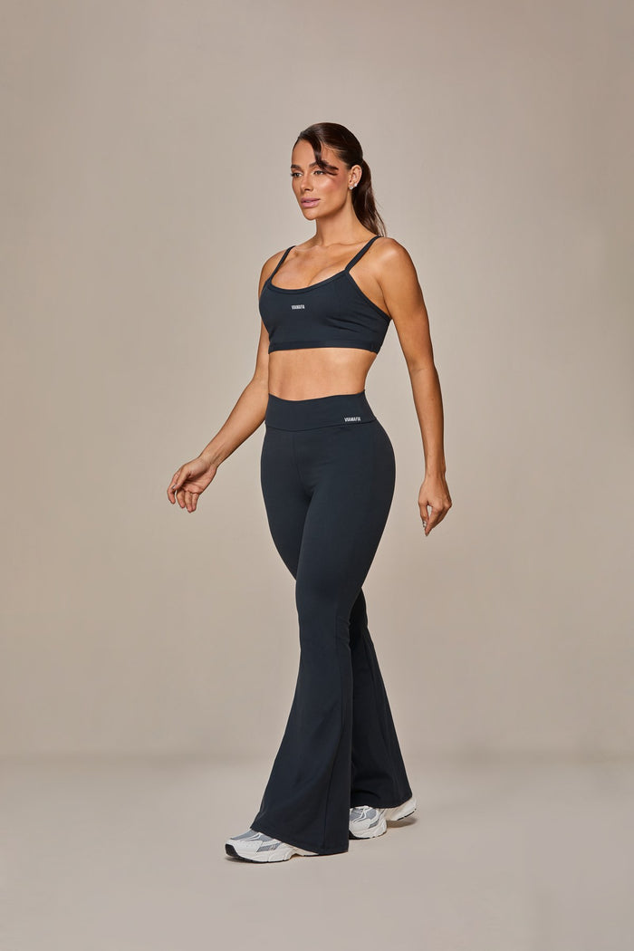 Via Mafia Velvet Set — Navy flare pants and crop top, side view