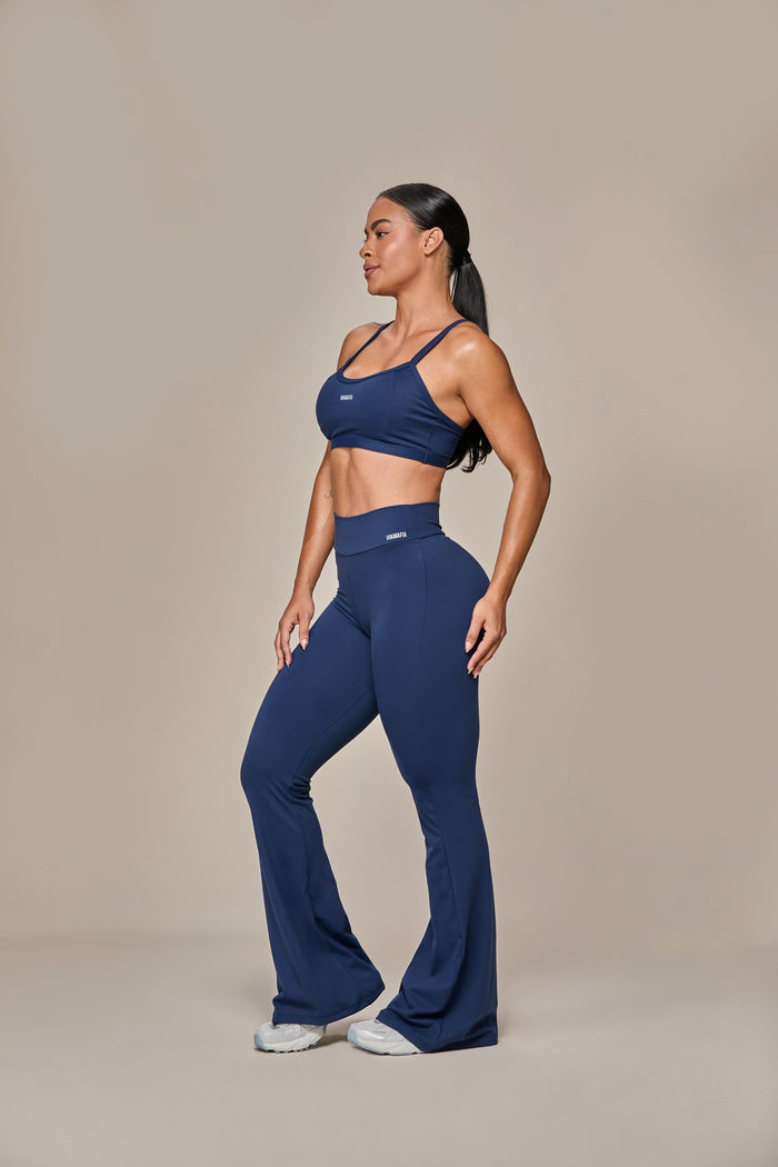 Via Mafia Velvet Set — Navy high-waist flare pants, full body