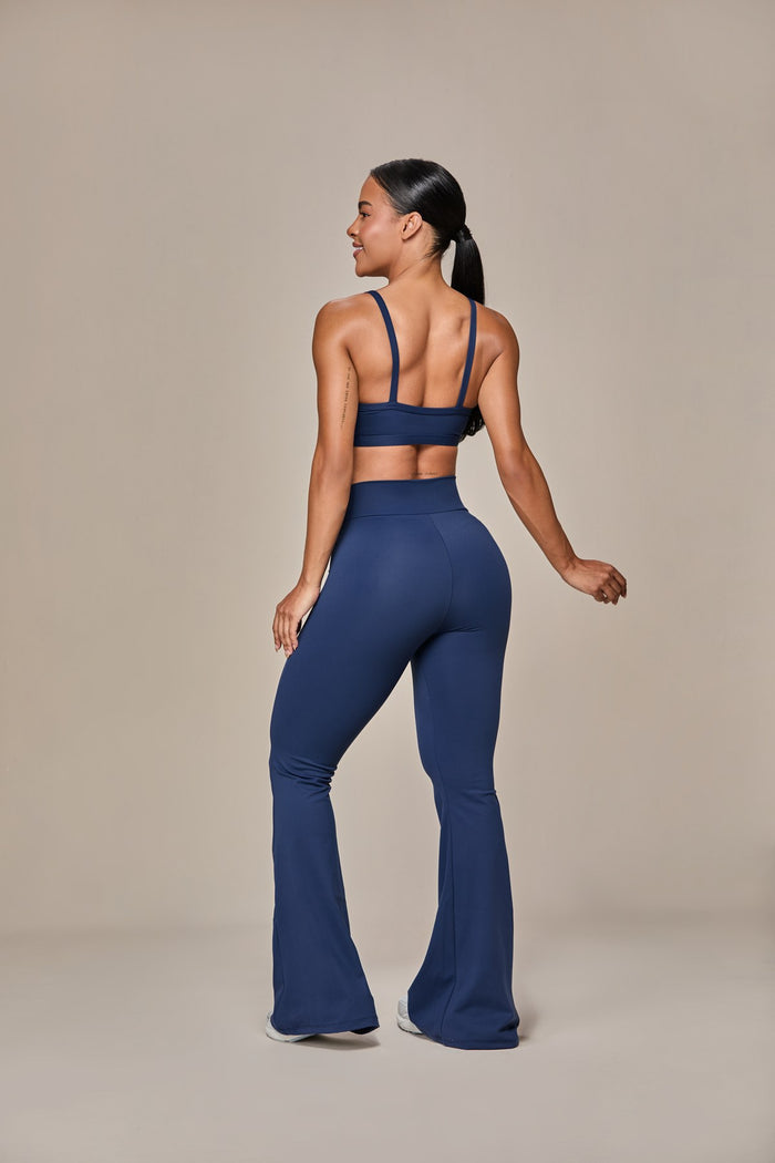 Via Mafia Velvet Set — Navy set, back view showing crop top detail