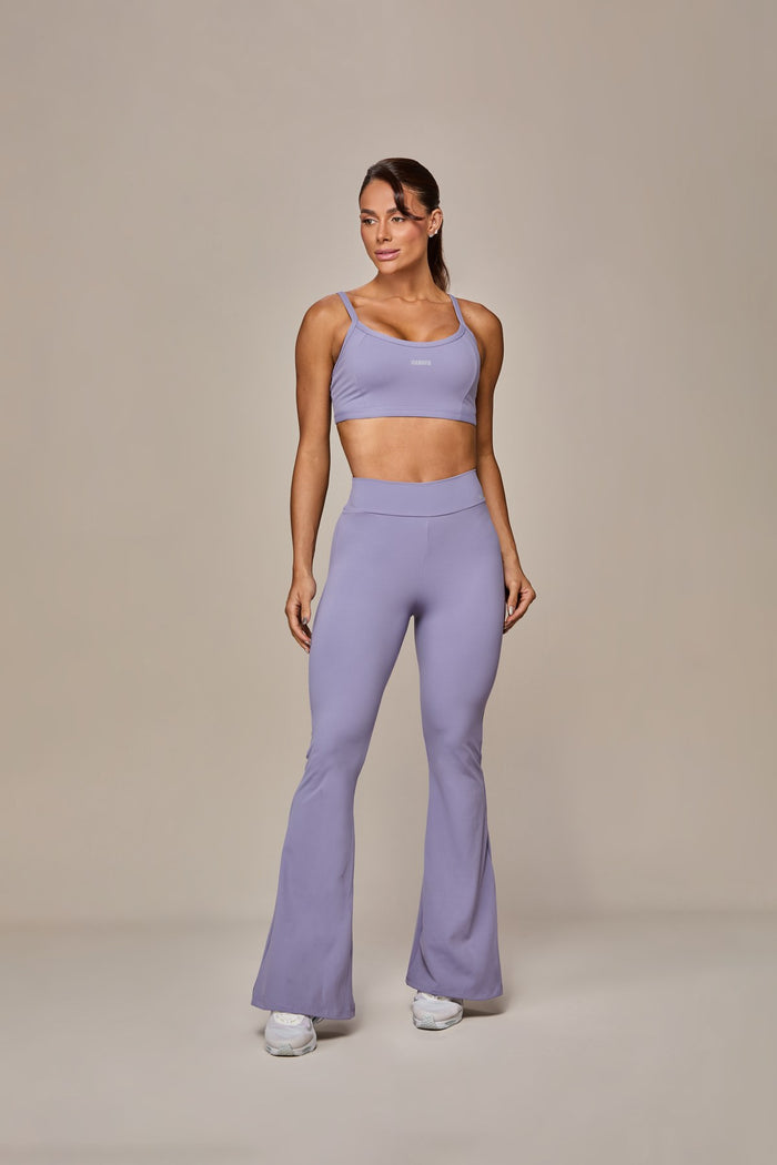 Via Mafia Velvet Set — Lilac flare pants and crop top, front view