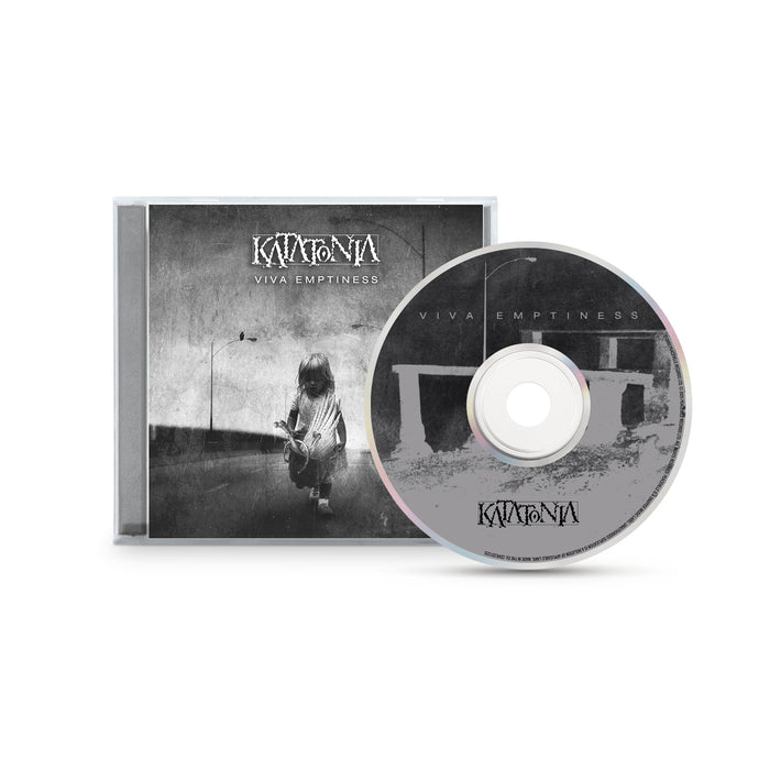 Katatonia CD and case for Viva Emptiness, featuring a grayscale cover with a solitary child to match the bands dark rock mood; disc design echoes the same style.