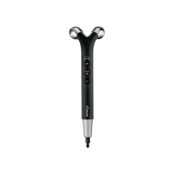 Black and silver handheld massager on a white background